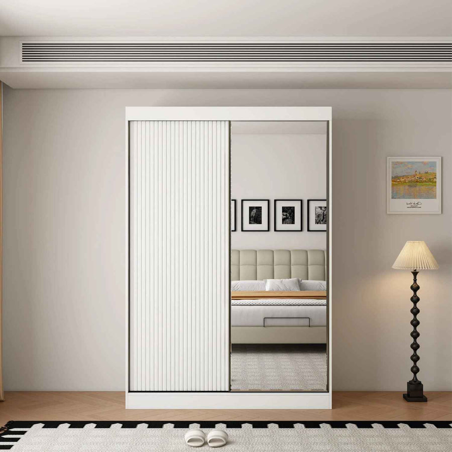 Kensington 150cm White Sliding Door Wardrobe with Mirror and Ribbed Panel