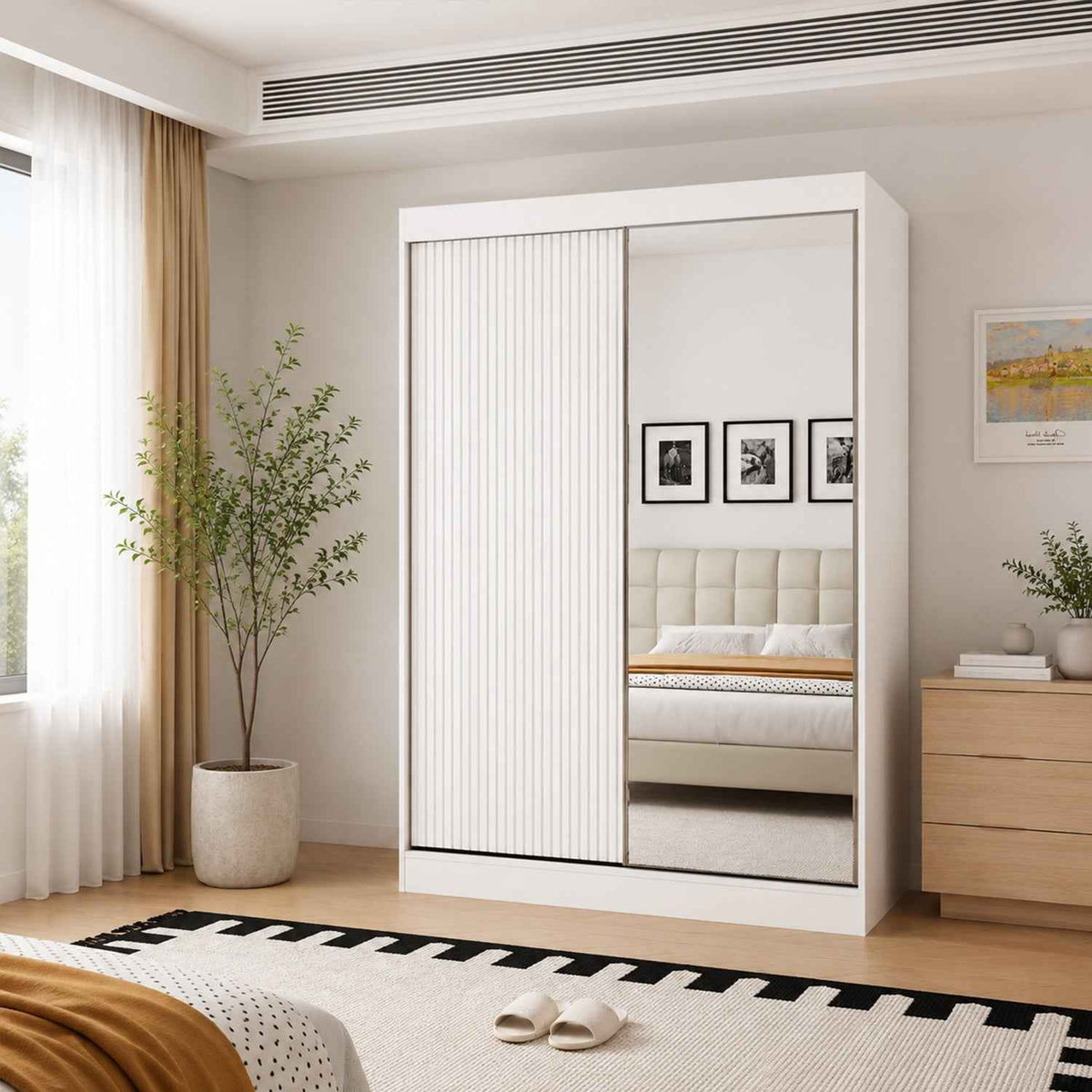Kensington 150cm White Sliding Door Wardrobe with Mirror and Ribbed Panel