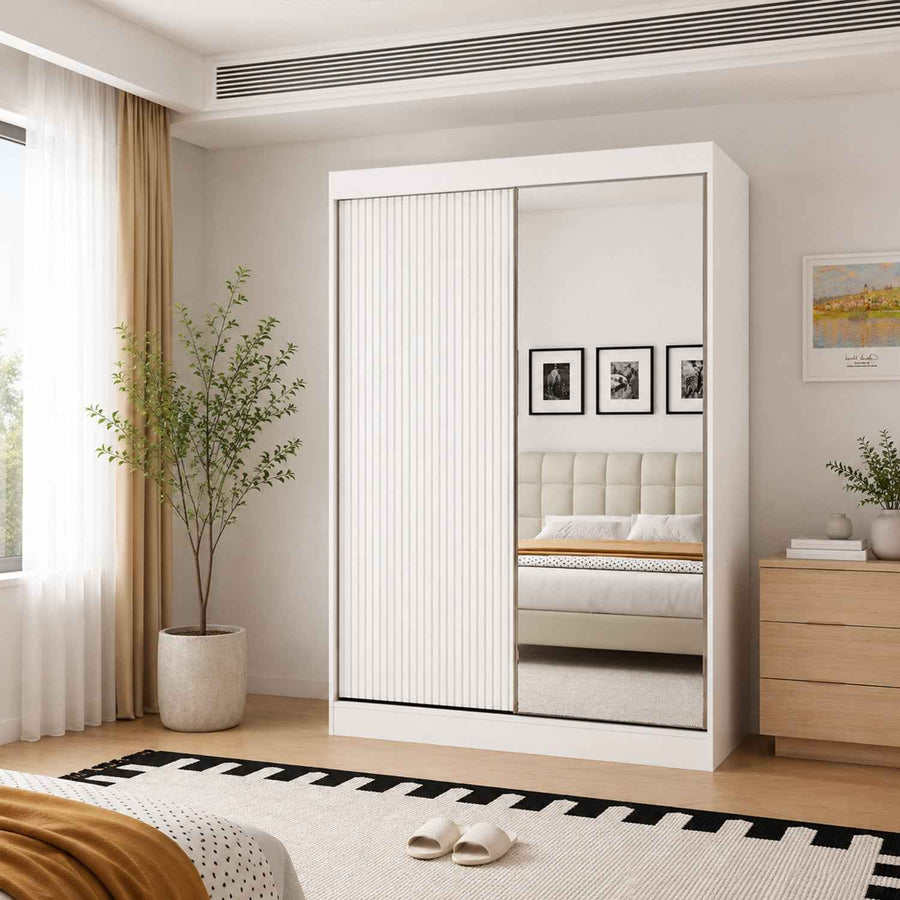 Kensington 150cm White Sliding Door Wardrobe with Mirror and Ribbed Panel