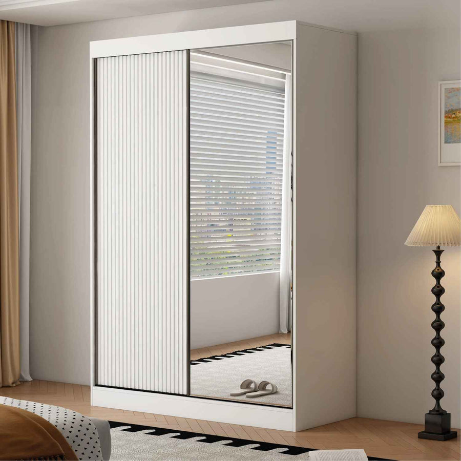 Kensington 150cm White Sliding Door Wardrobe with Mirror and Ribbed Panel