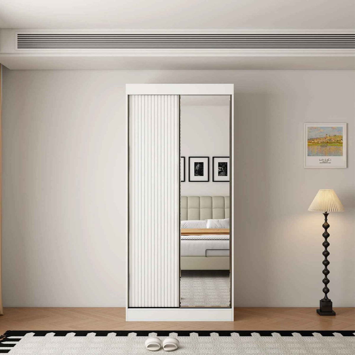Kensington 100cm White Sliding Door Wardrobe with Shelves and Hanging Rail