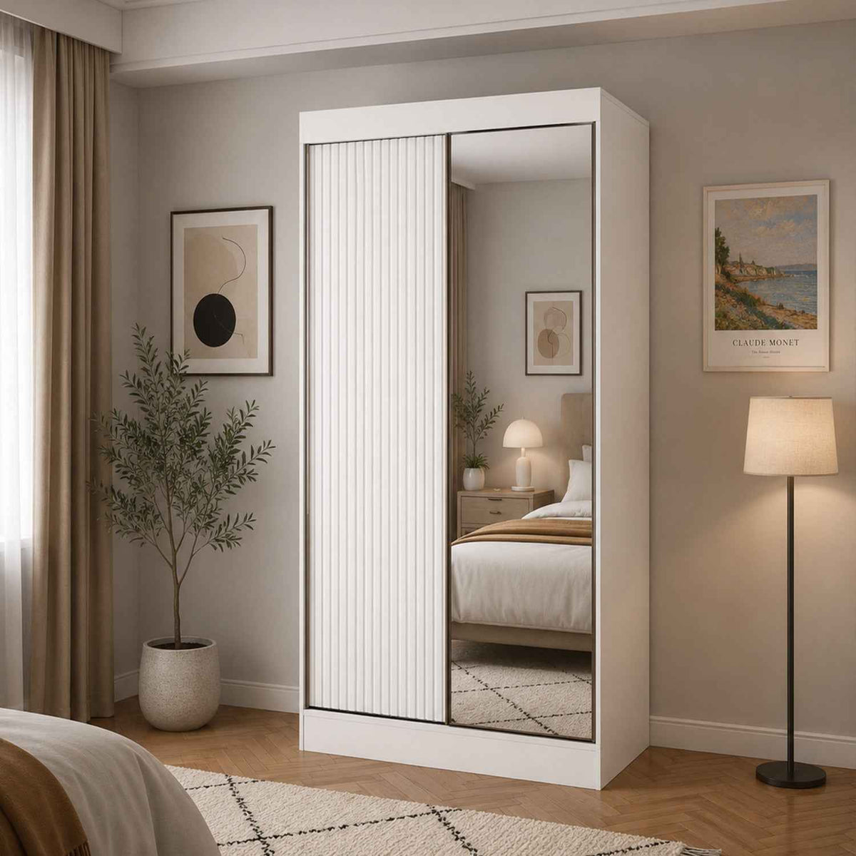 Kensington 100cm White Sliding Door Wardrobe with Shelves and Hanging Rail