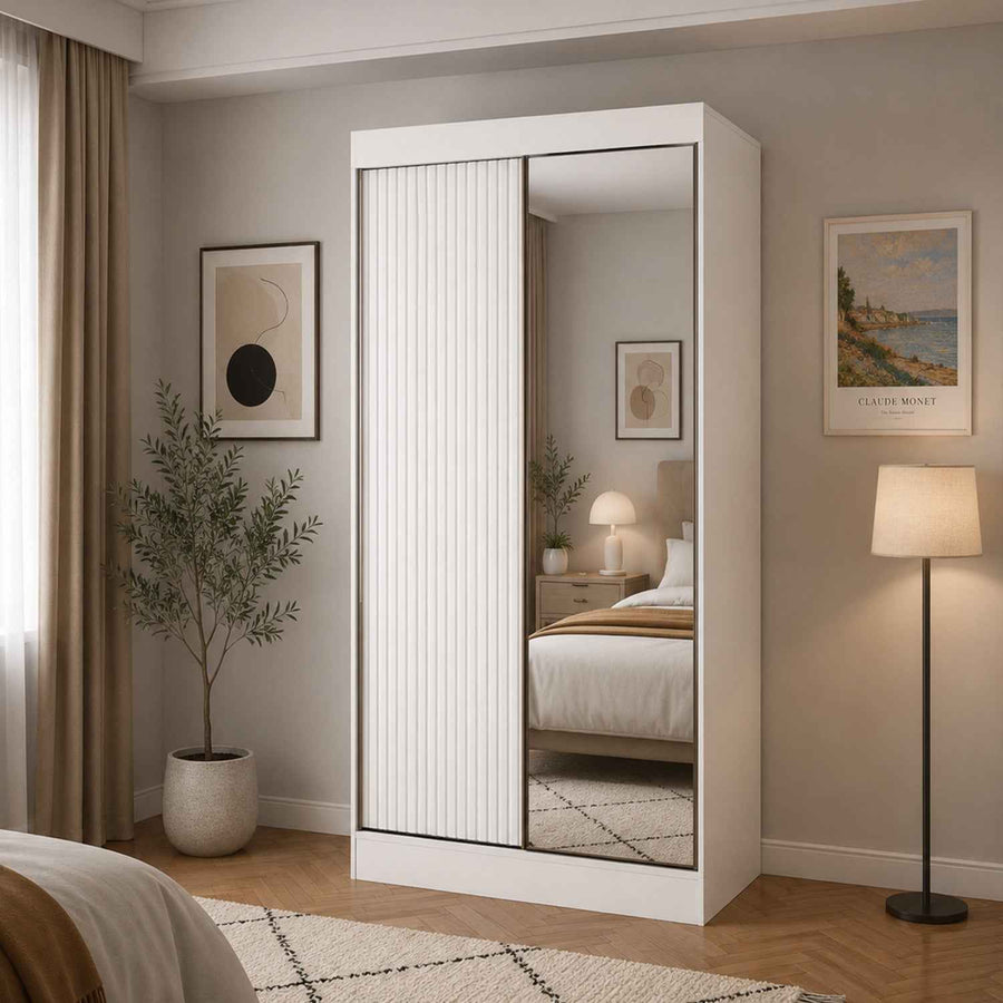 Kensington 100cm White Sliding Door Wardrobe with Shelves and Hanging Rail