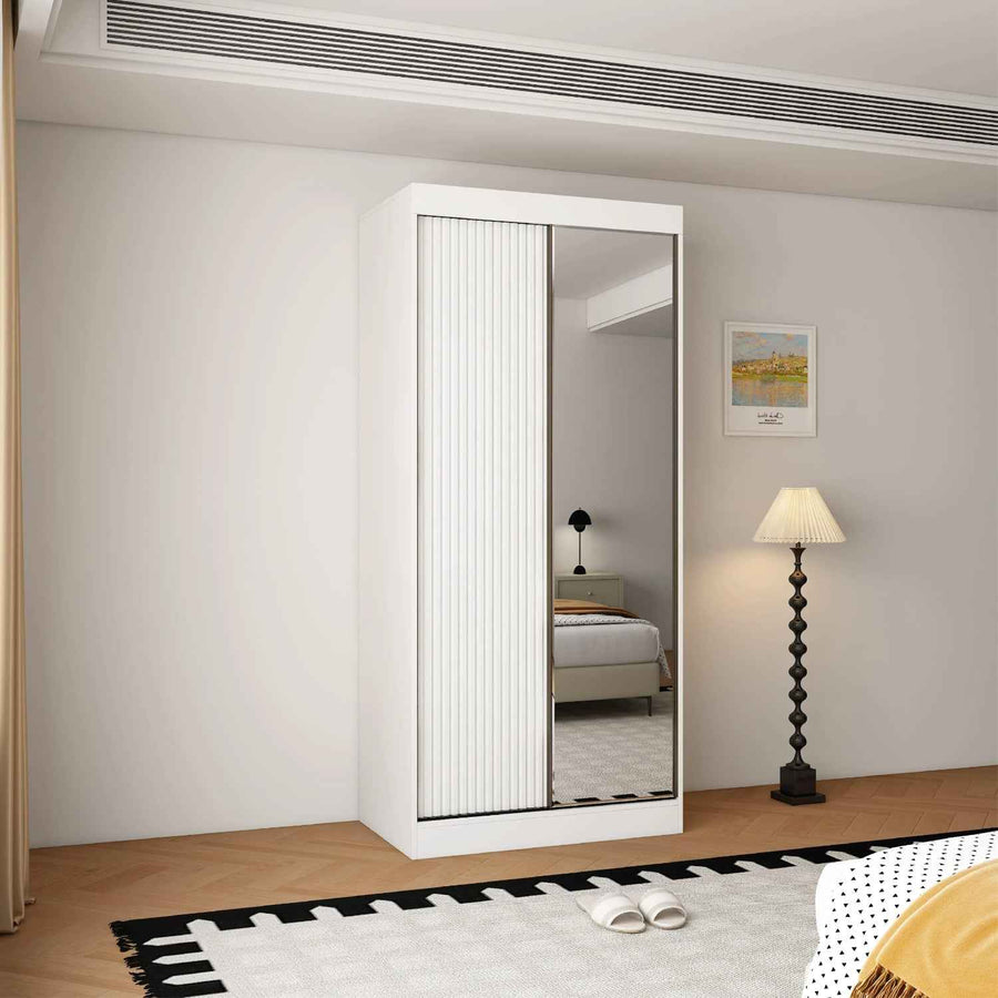 Kensington 100cm White Sliding Door Wardrobe with Shelves and Hanging Rail