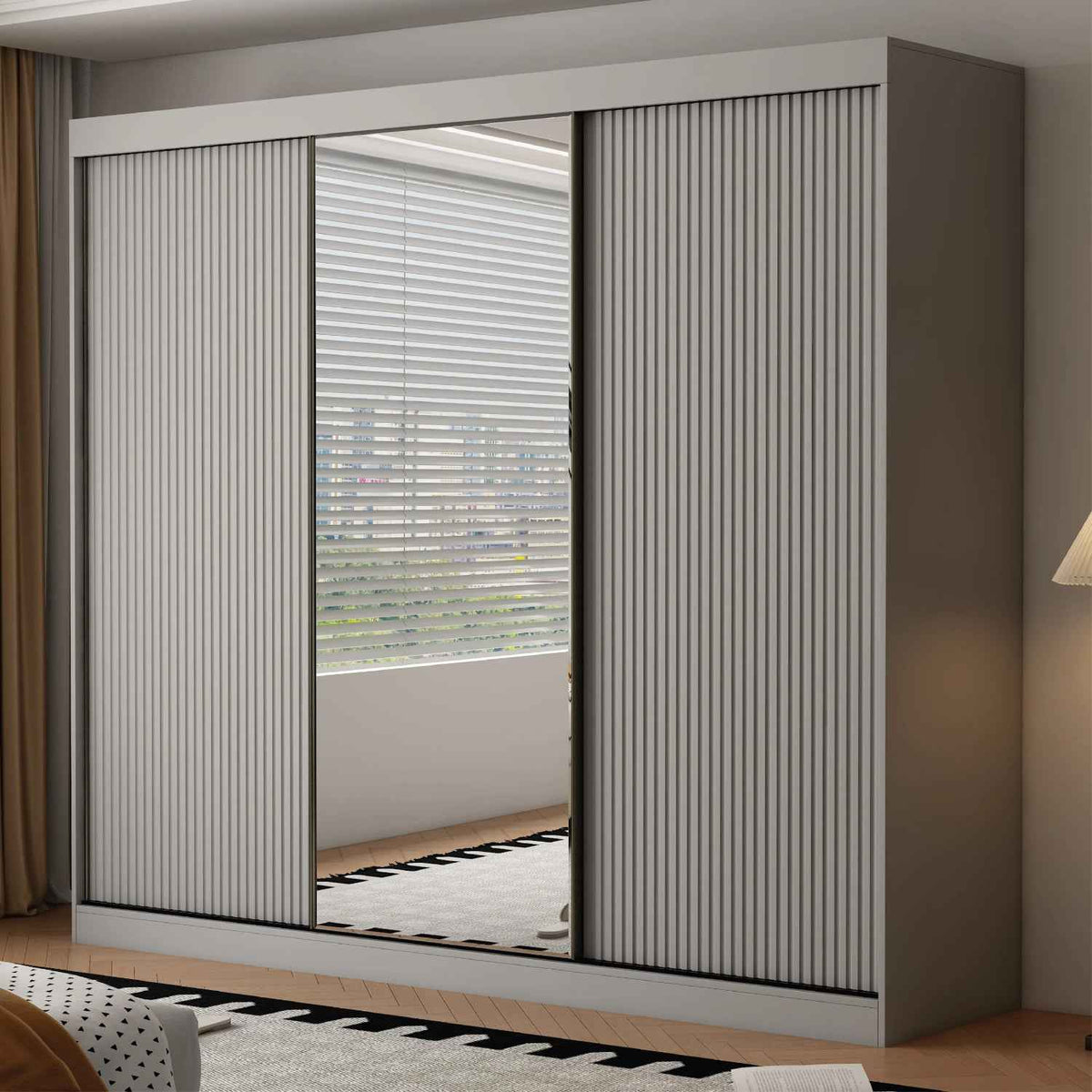 Kensington 250cm Grey Sliding Door Wardrobe with Mirror and Ribbed Panel