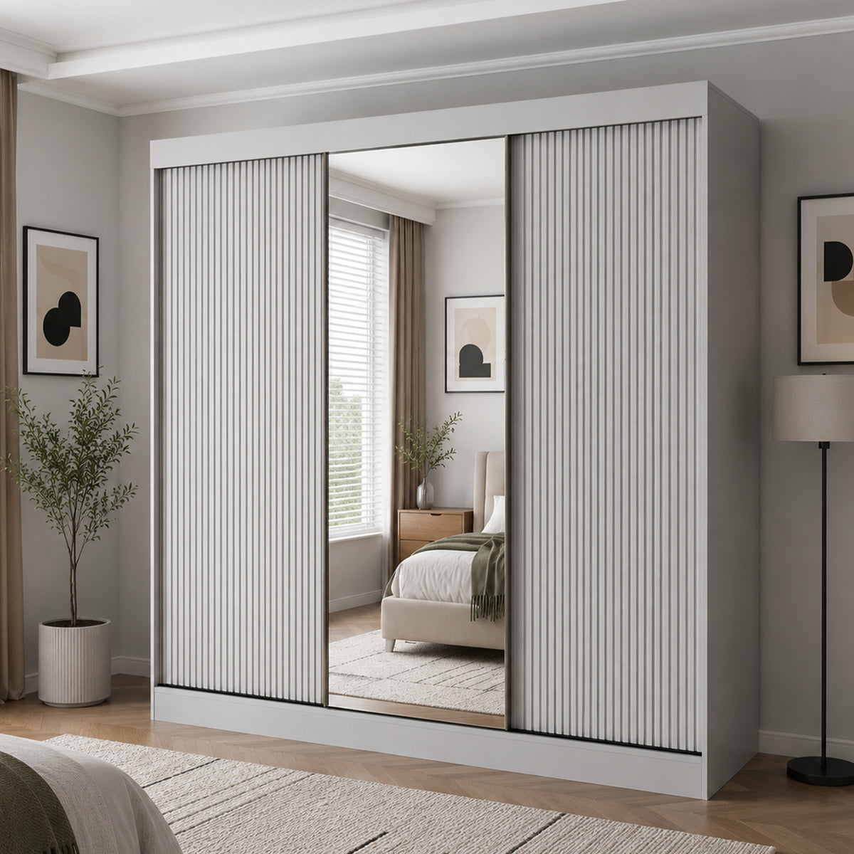 Kensington 250cm Grey Sliding Door Wardrobe with Mirror and Ribbed Panel