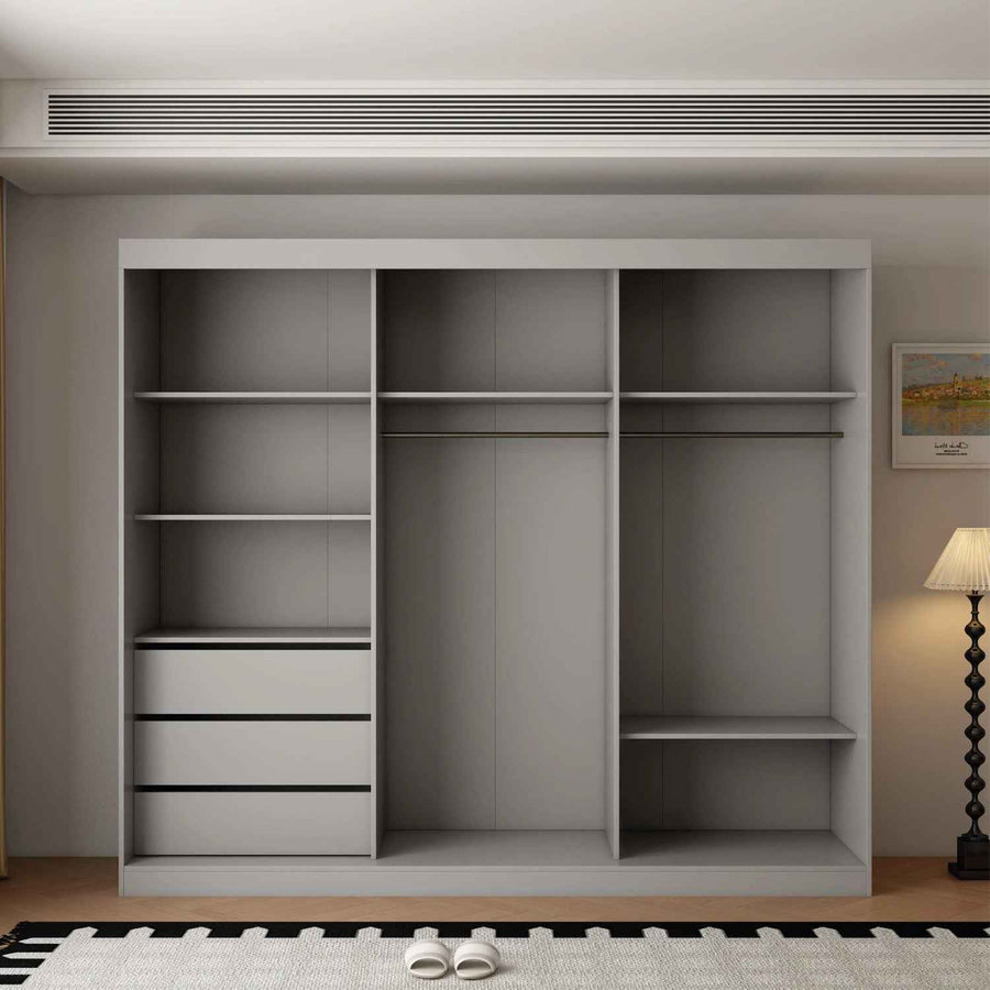 Kensington 250cm Grey Sliding Door Wardrobe with Mirror and Ribbed Panel