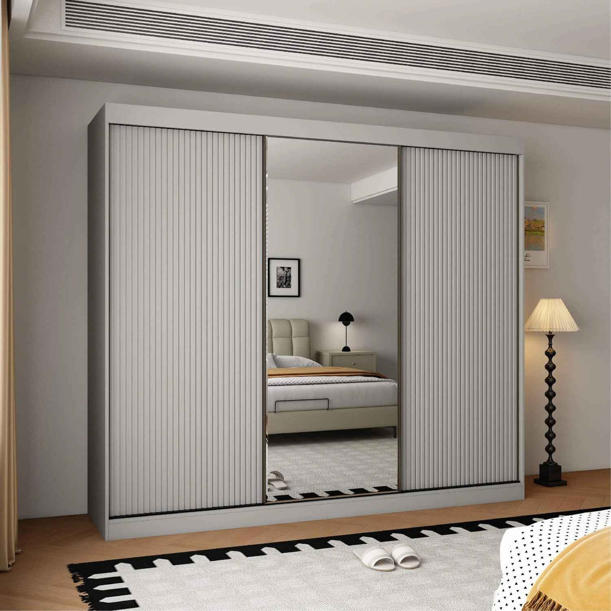 Kensington 250cm Grey Sliding Door Wardrobe with Mirror and Ribbed Panel