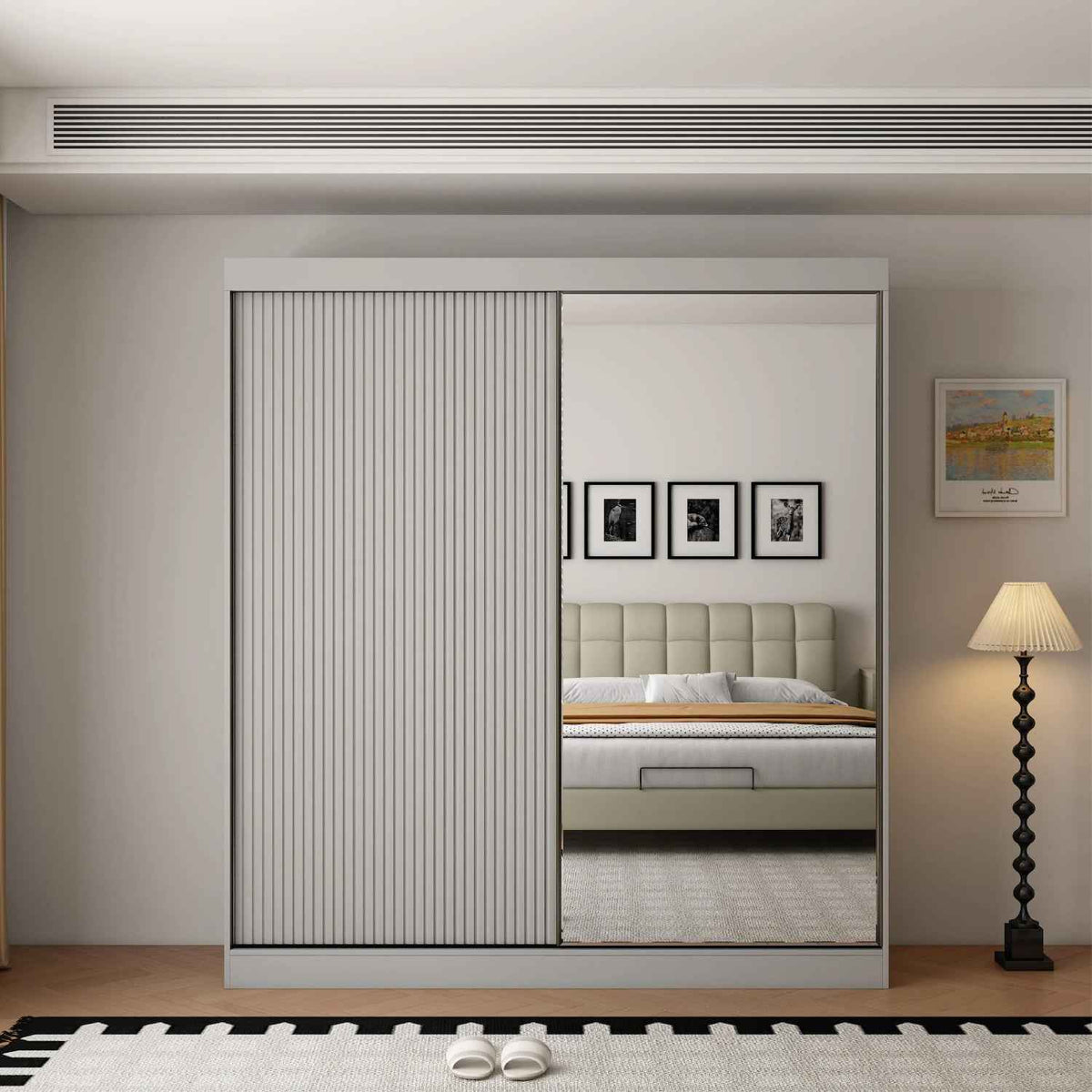 Kensington 200cm Grey Sliding Door Wardrobe with Mirror and Ribbed Panel