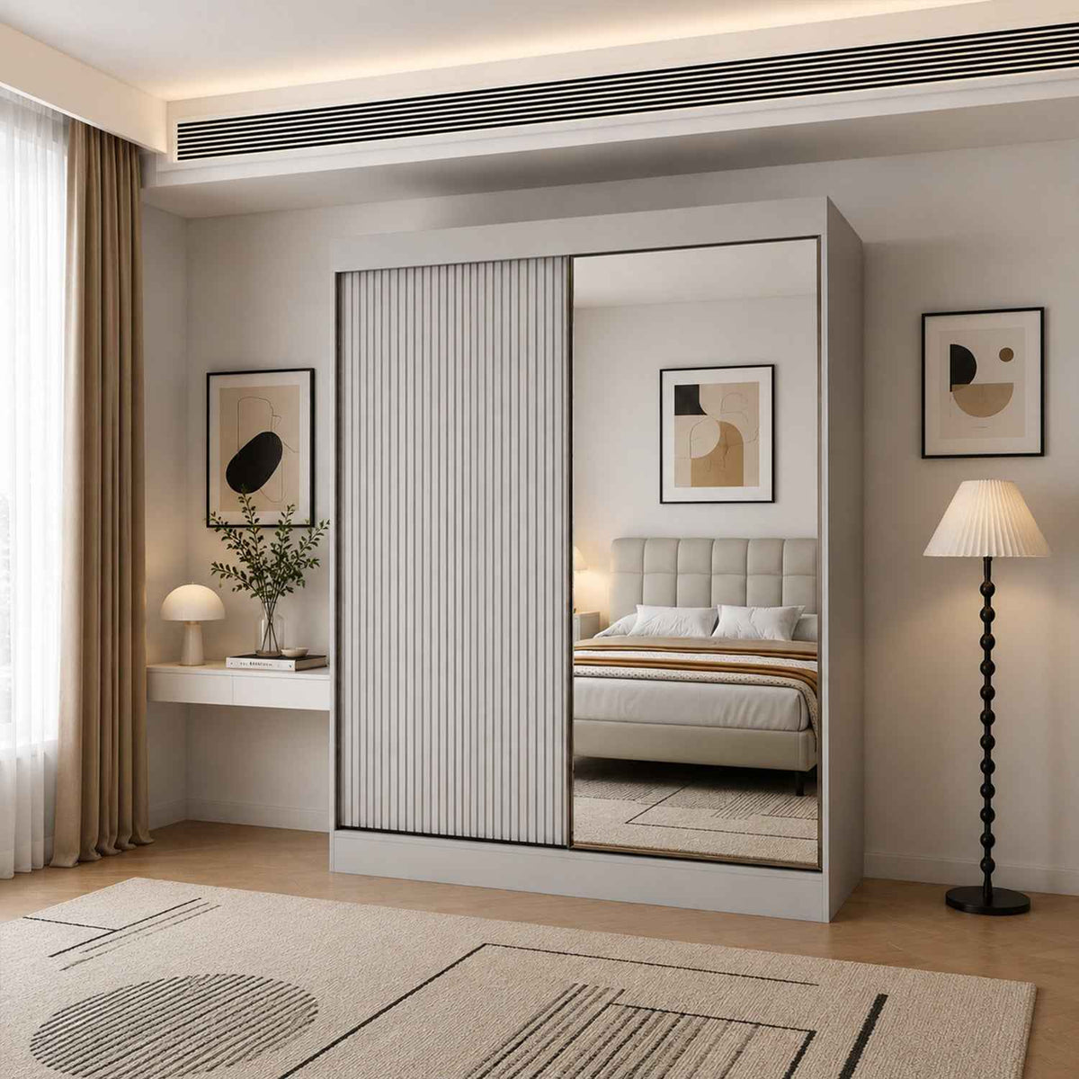 Kensington 200cm Grey Sliding Door Wardrobe with Mirror and Ribbed Panel