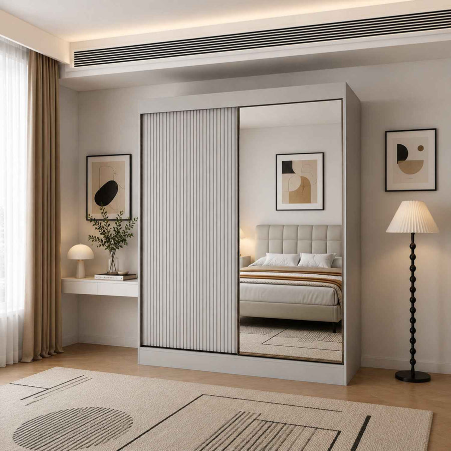 Kensington 200cm Grey Sliding Door Wardrobe with Mirror and Ribbed Panel