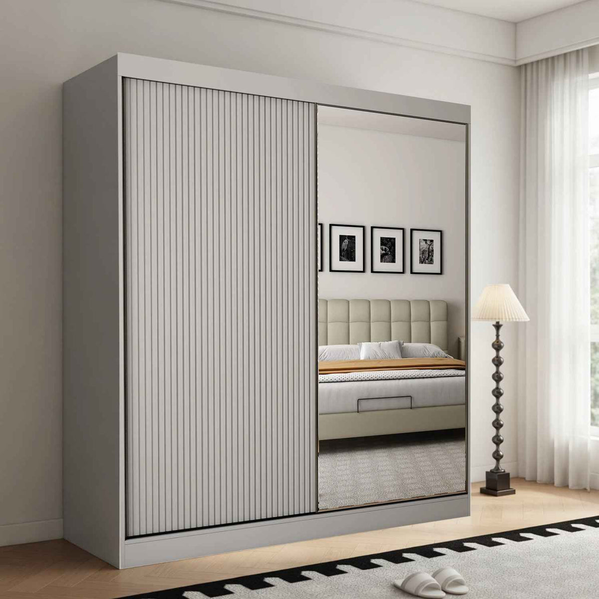 Kensington 200cm Grey Sliding Door Wardrobe with Mirror and Ribbed Panel