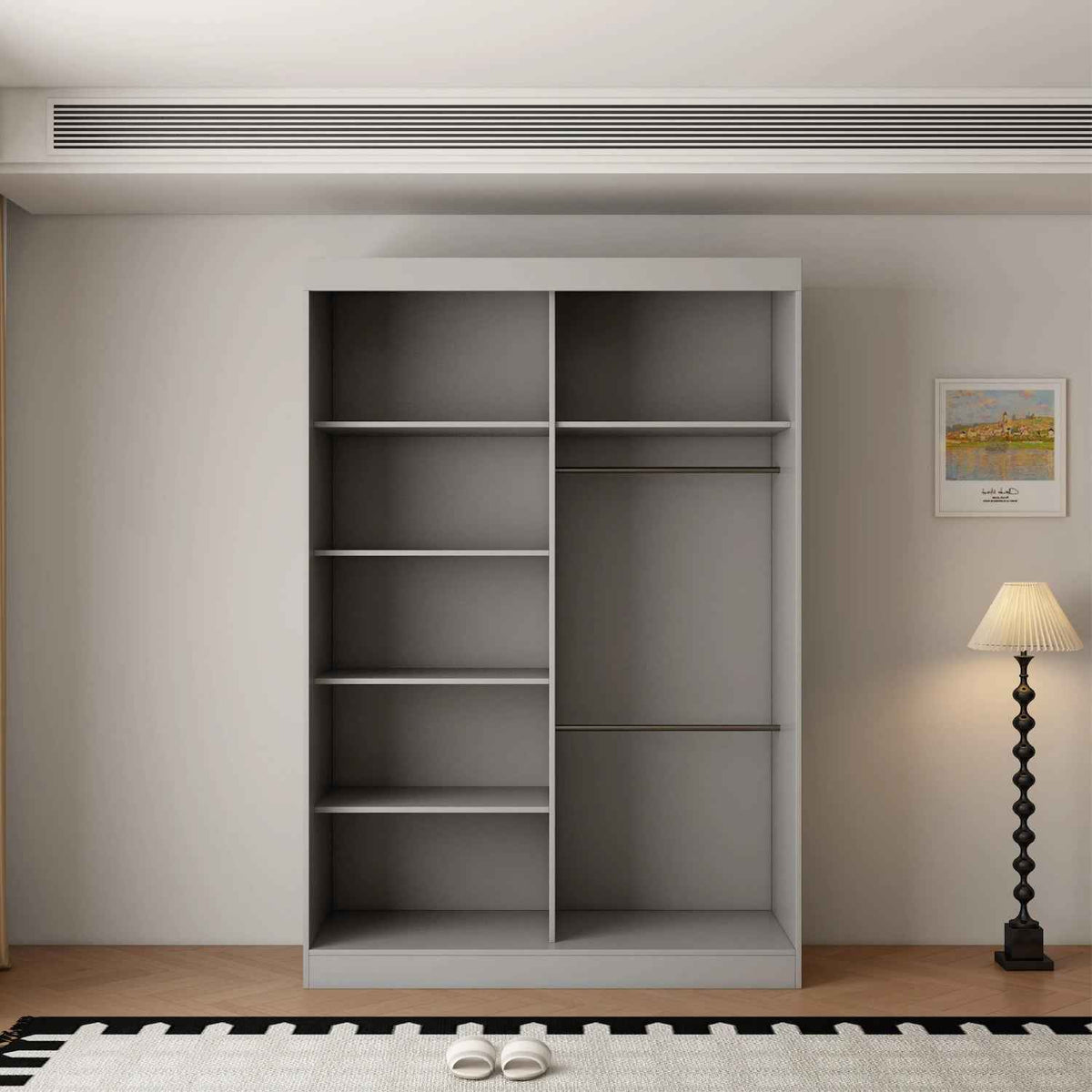 Kensington 150cm Grey Sliding Door Wardrobe with Mirror and Ribbed Panel