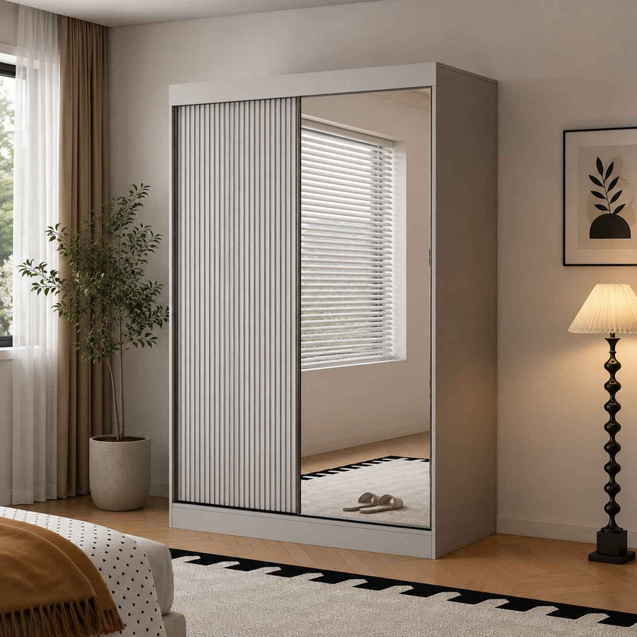 Kensington 150cm Grey Sliding Door Wardrobe with Mirror and Ribbed Panel