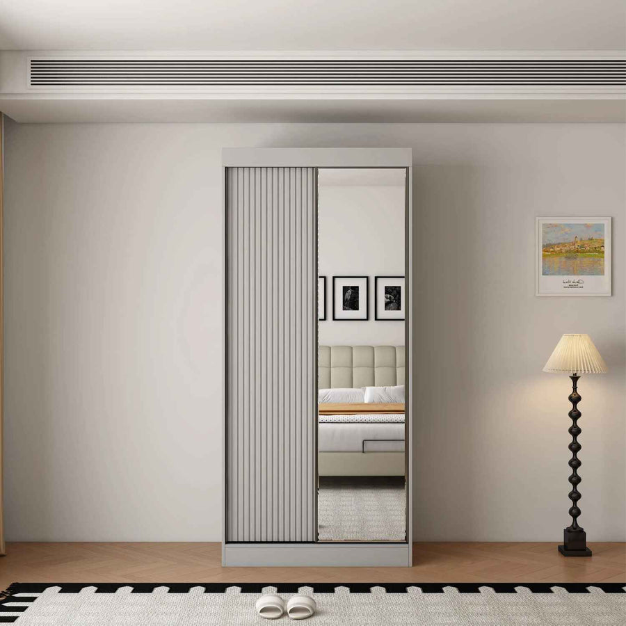 Kensington 100cm Grey Sliding Door Wardrobe with Mirror and Ribbed Panel