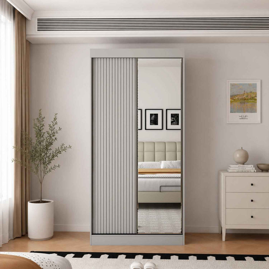 Kensington 100cm Grey Sliding Door Wardrobe with Mirror and Ribbed Panel
