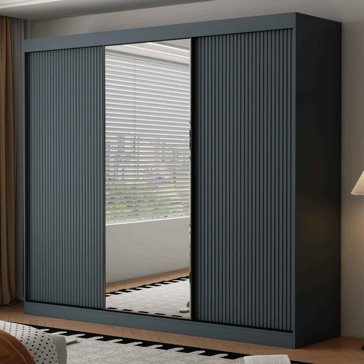 Kensington 3 Door Dark Grey Sliding Wardrobe with Mirror and Ribbed Panels
