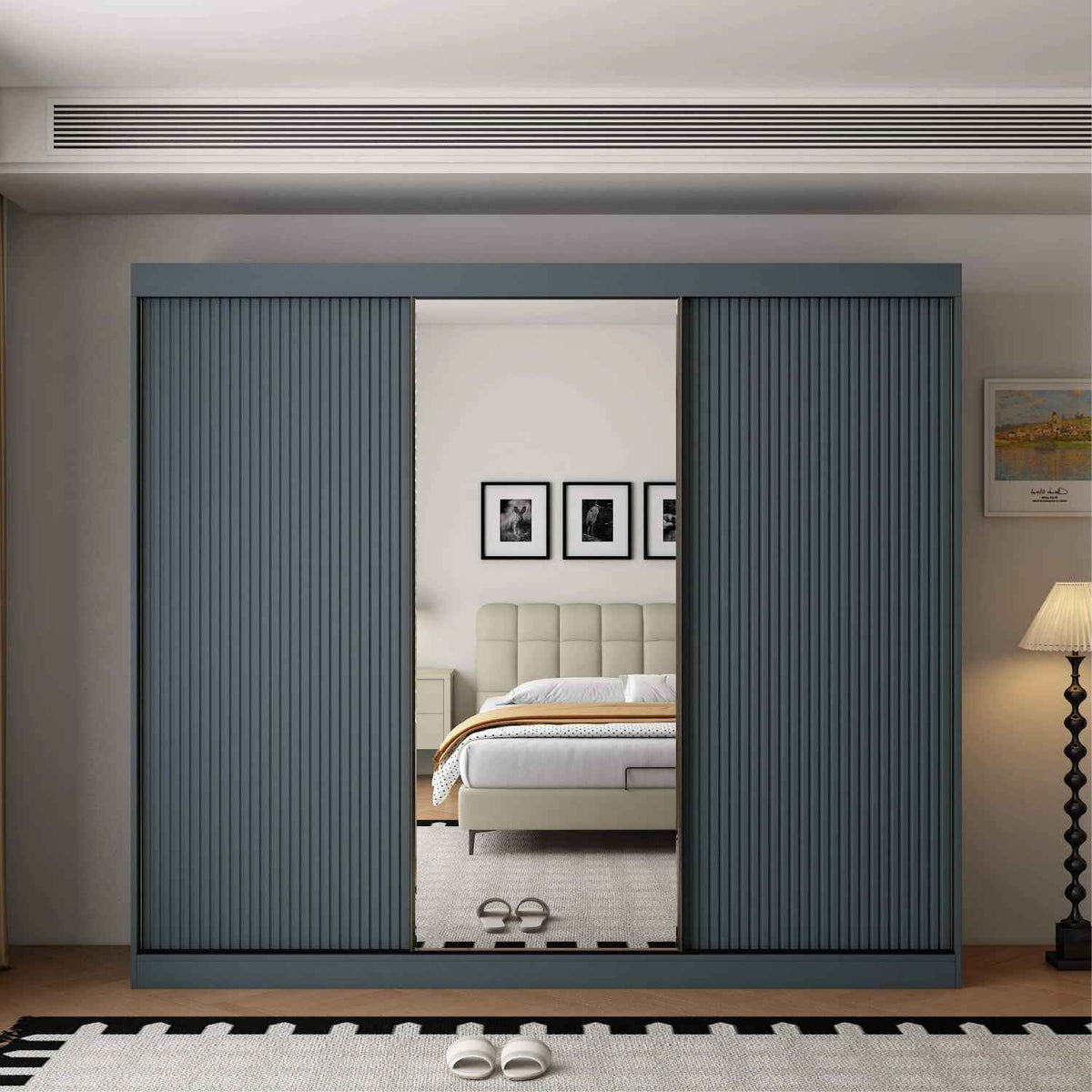 Kensington 3 Door Dark Grey Sliding Wardrobe with Mirror and Ribbed Panels