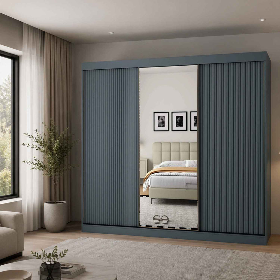 Kensington 3 Door Dark Grey Sliding Wardrobe with Mirror and Ribbed Panels