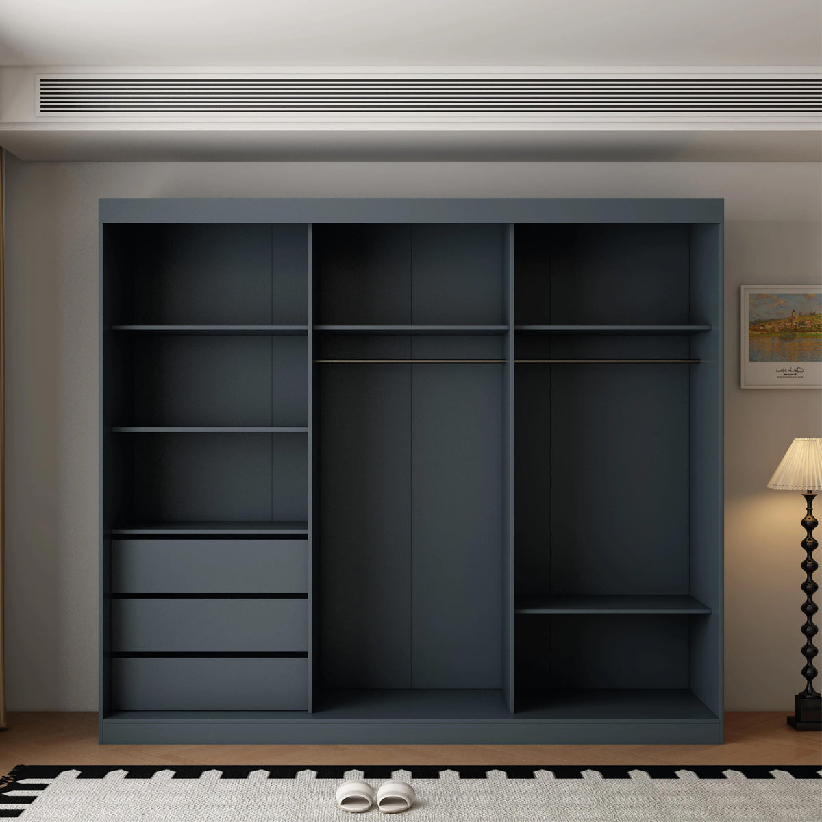 Kensington 3 Door Dark Grey Sliding Wardrobe with Mirror and Ribbed Panels