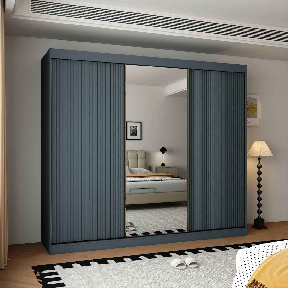 Kensington 3 Door Dark Grey Sliding Wardrobe with Mirror and Ribbed Panels