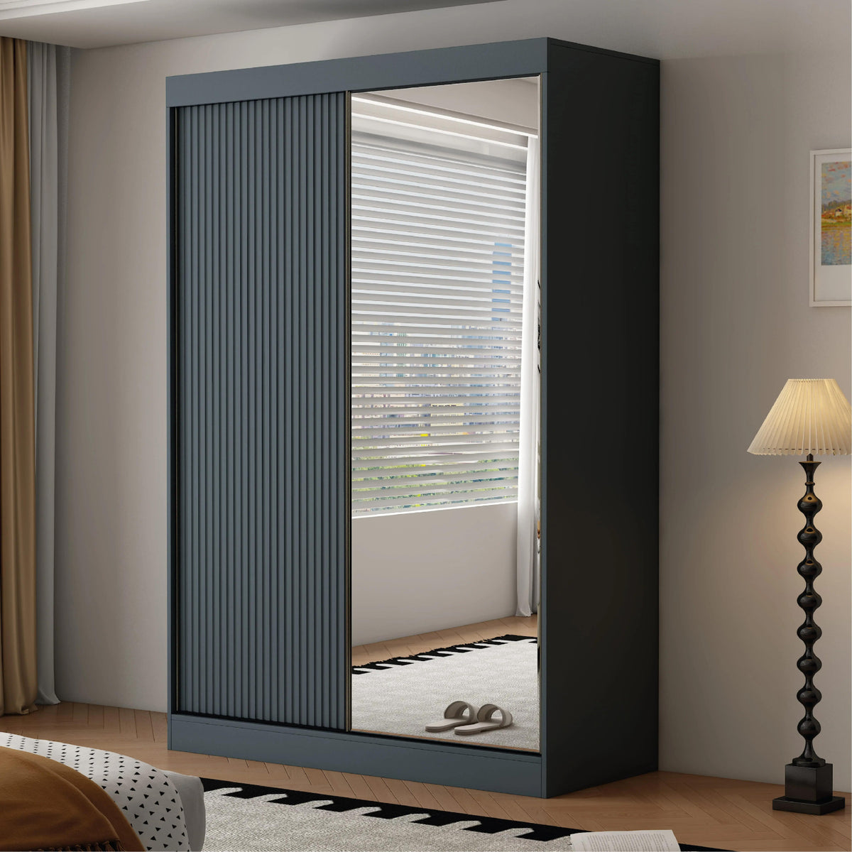 Kensington 150cm Dark Grey Sliding Door Wardrobe with Mirror Panel - image 7