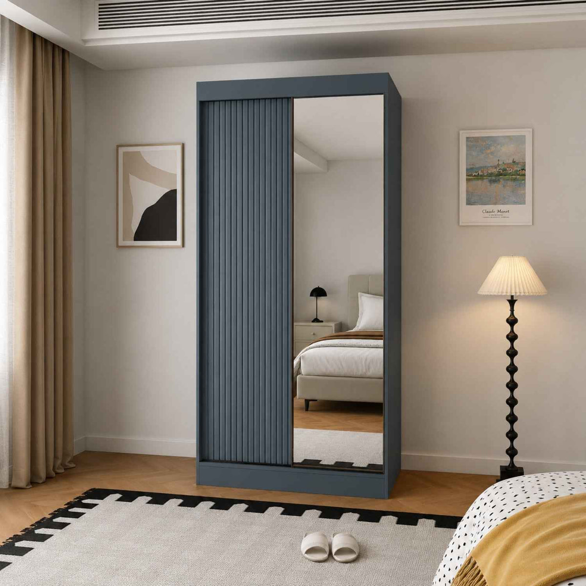Kensington 100cm Dark Grey Sliding Door Wardrobe with Mirror Panel