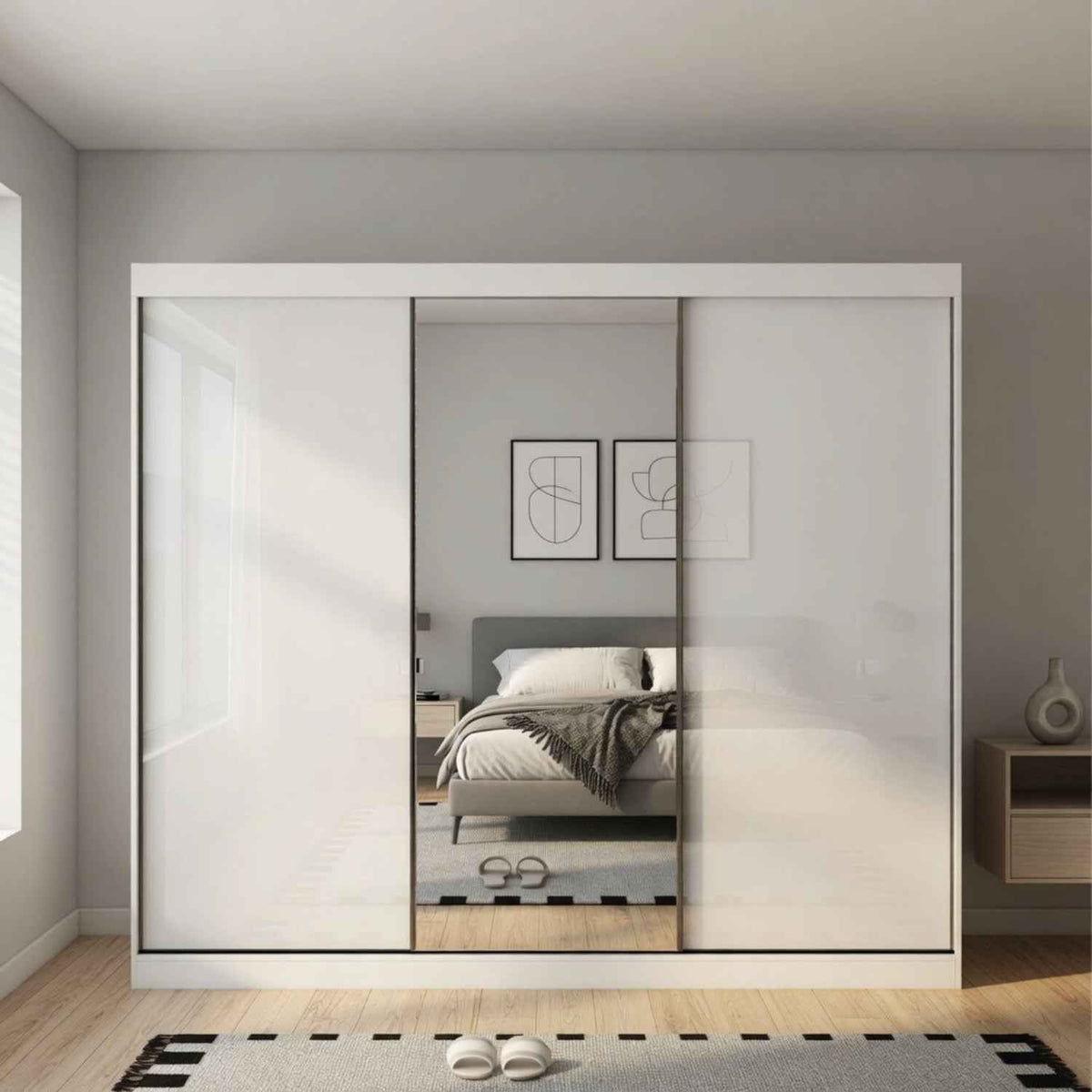 Padstow 250cm Gloss White Sliding Door Wardrobe with Mirror