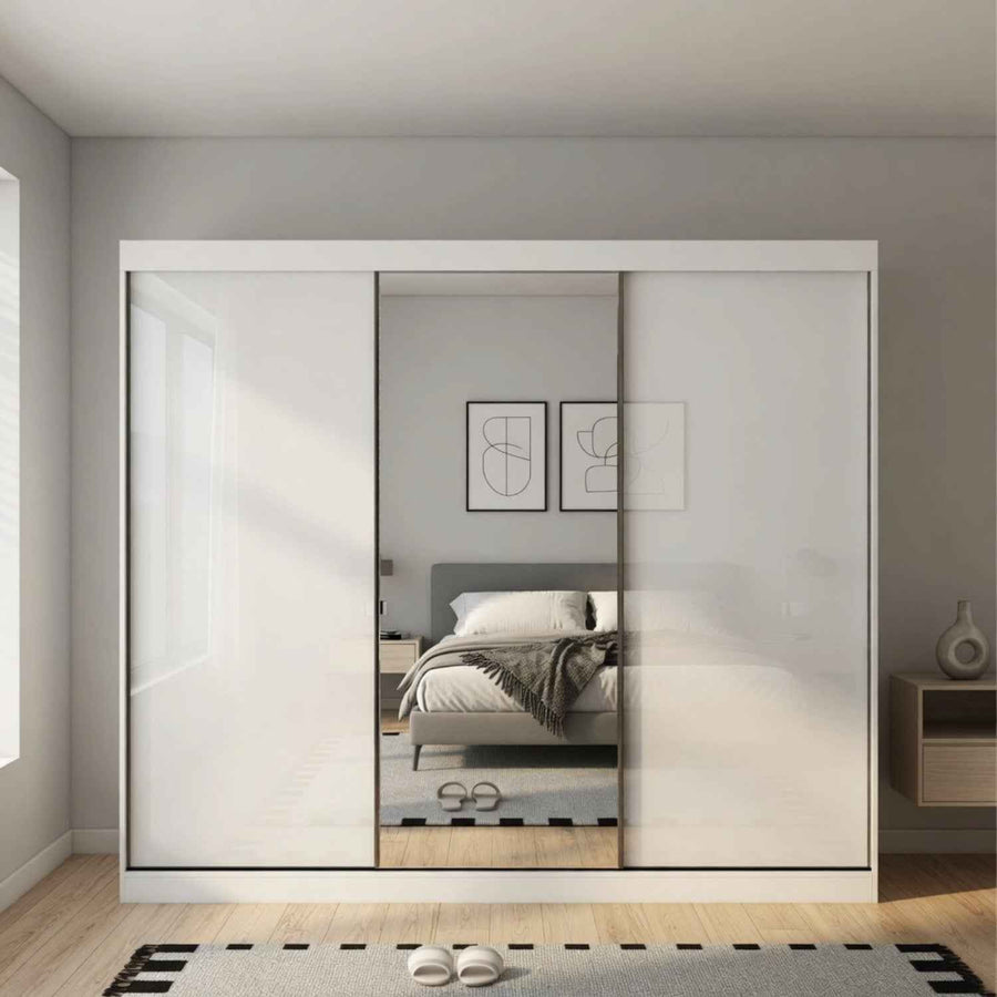 Padstow 250cm Gloss White Sliding Door Wardrobe with Mirror