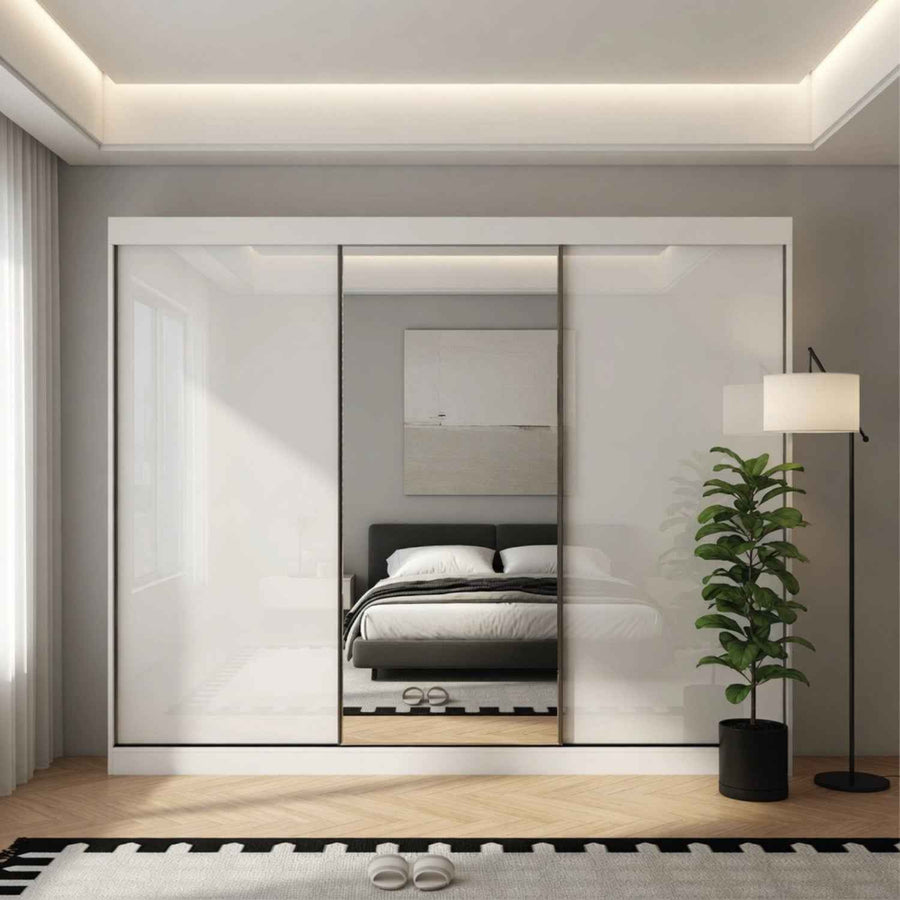 Padstow 250cm Gloss White Sliding Door Wardrobe with Mirror