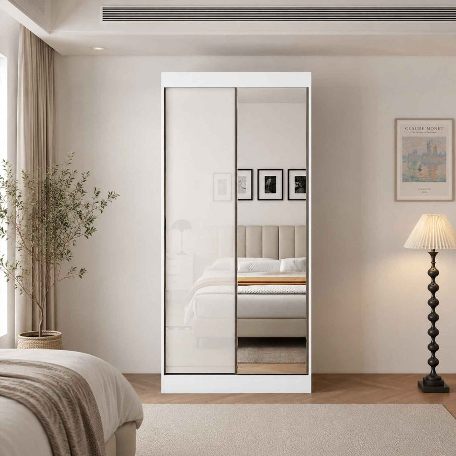 Padstow 100cm Gloss White Sliding Door Wardrobe with Mirror