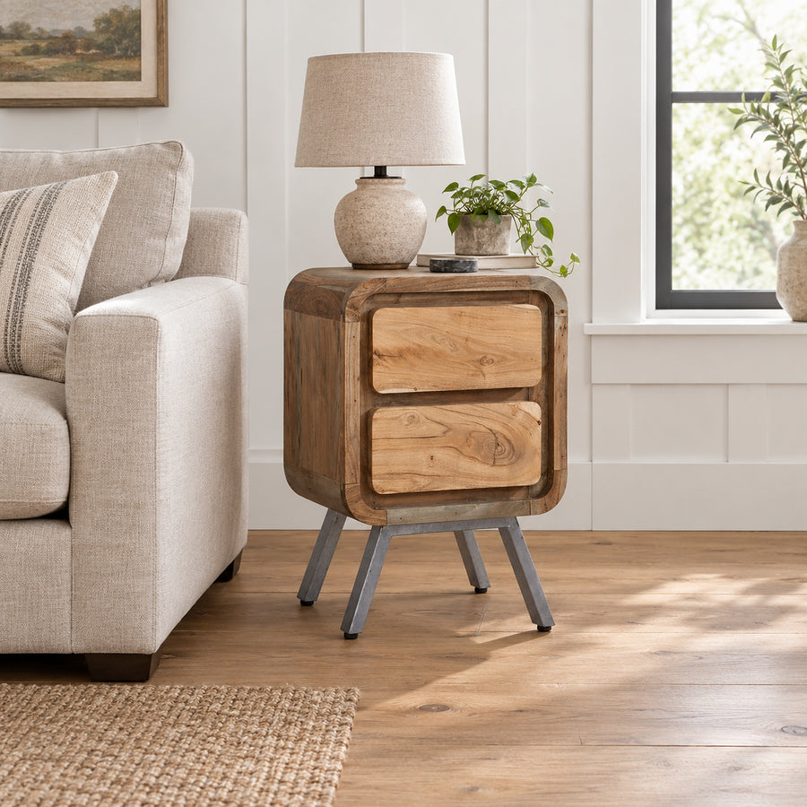 Retrona Retro Wood and Metal 2 Drawer Lamp Table