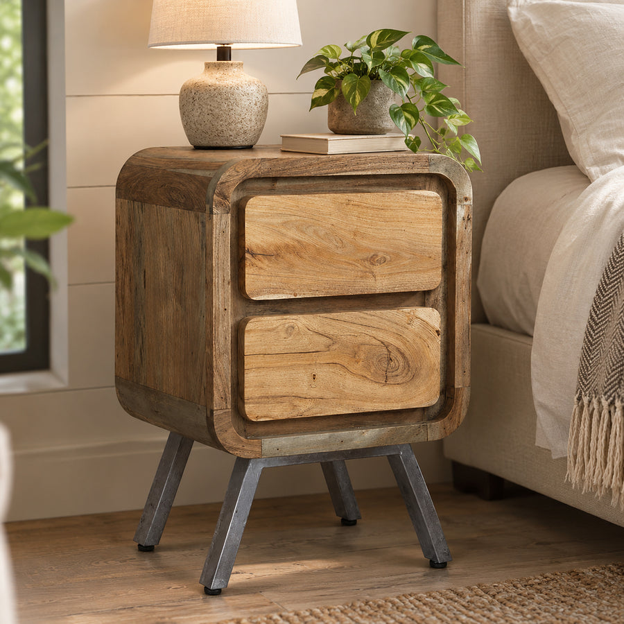 Retrona Retro Wood and Metal 2 Drawer Lamp Table