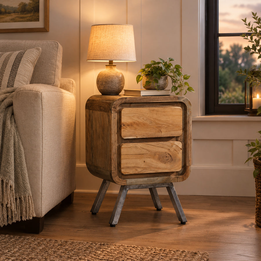 Retrona Retro Wood and Metal 2 Drawer Lamp Table - image 3