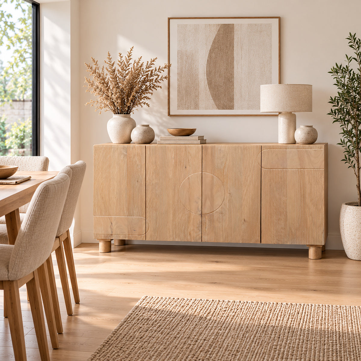 Flutera Light Brown Extra Large Fluted Mango Wood 4 Door Sideboard