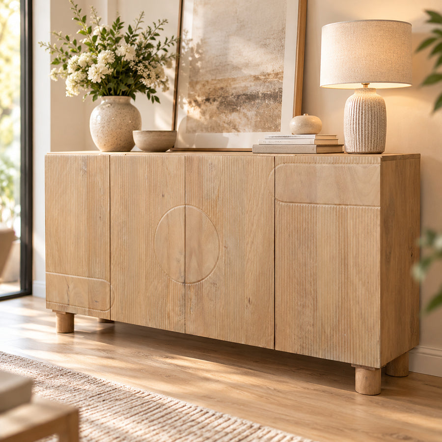 Flutera Light Brown Extra Large Fluted Mango Wood 4 Door Sideboard