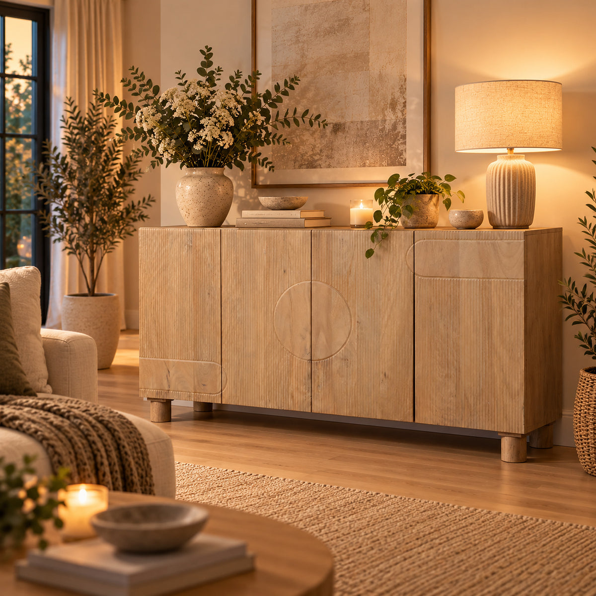 Flutera Light Brown Extra Large Fluted Mango Wood 4 Door Sideboard - image 3