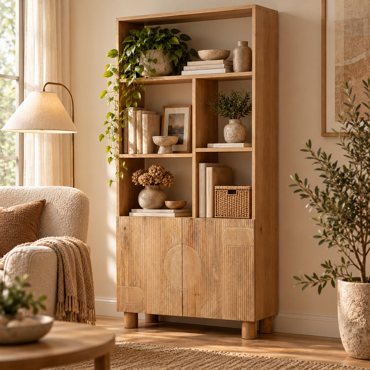 Flutera Light Brown Fluted Mango Wood Bookcase with Cabinet - image 2