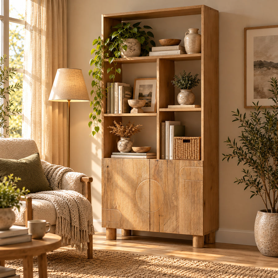 Flutera Light Brown Fluted Mango Wood Bookcase with Cabinet - image 3