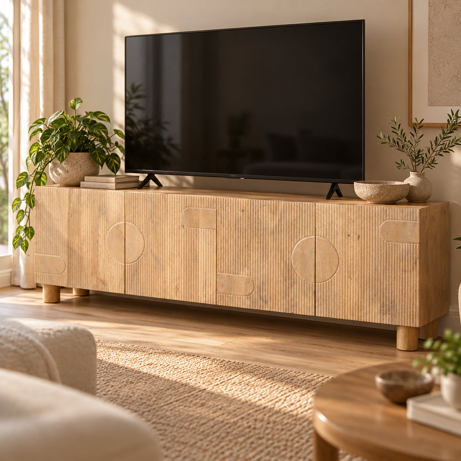 Flutera Light Brown Large Fluted Mango Wood Low TV Cabinet