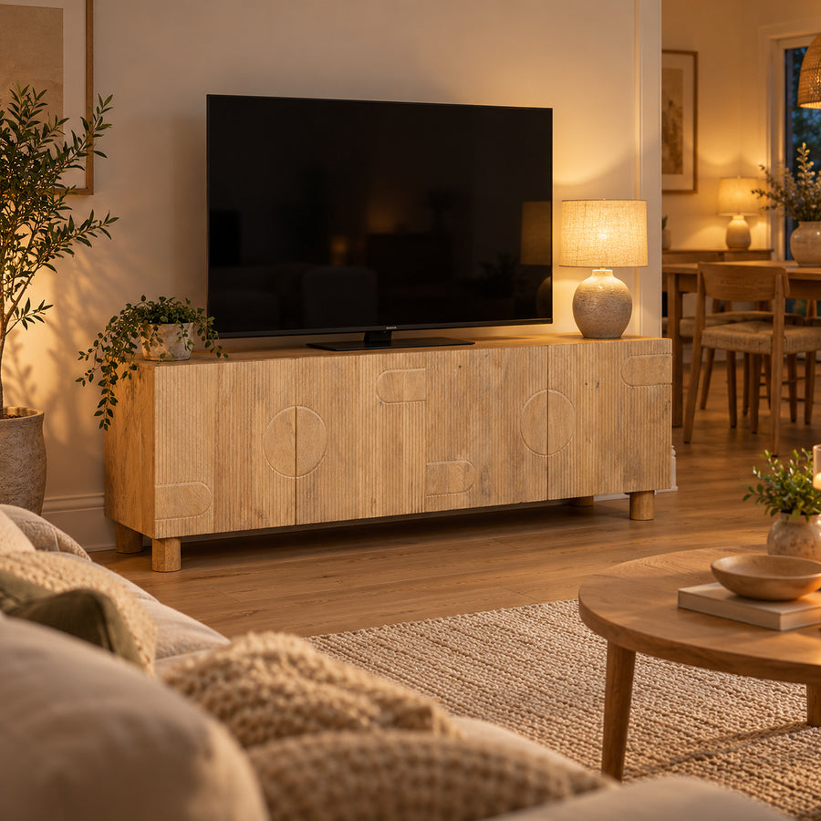 Flutera Light Brown Large Fluted Mango Wood Low TV Cabinet - image 3