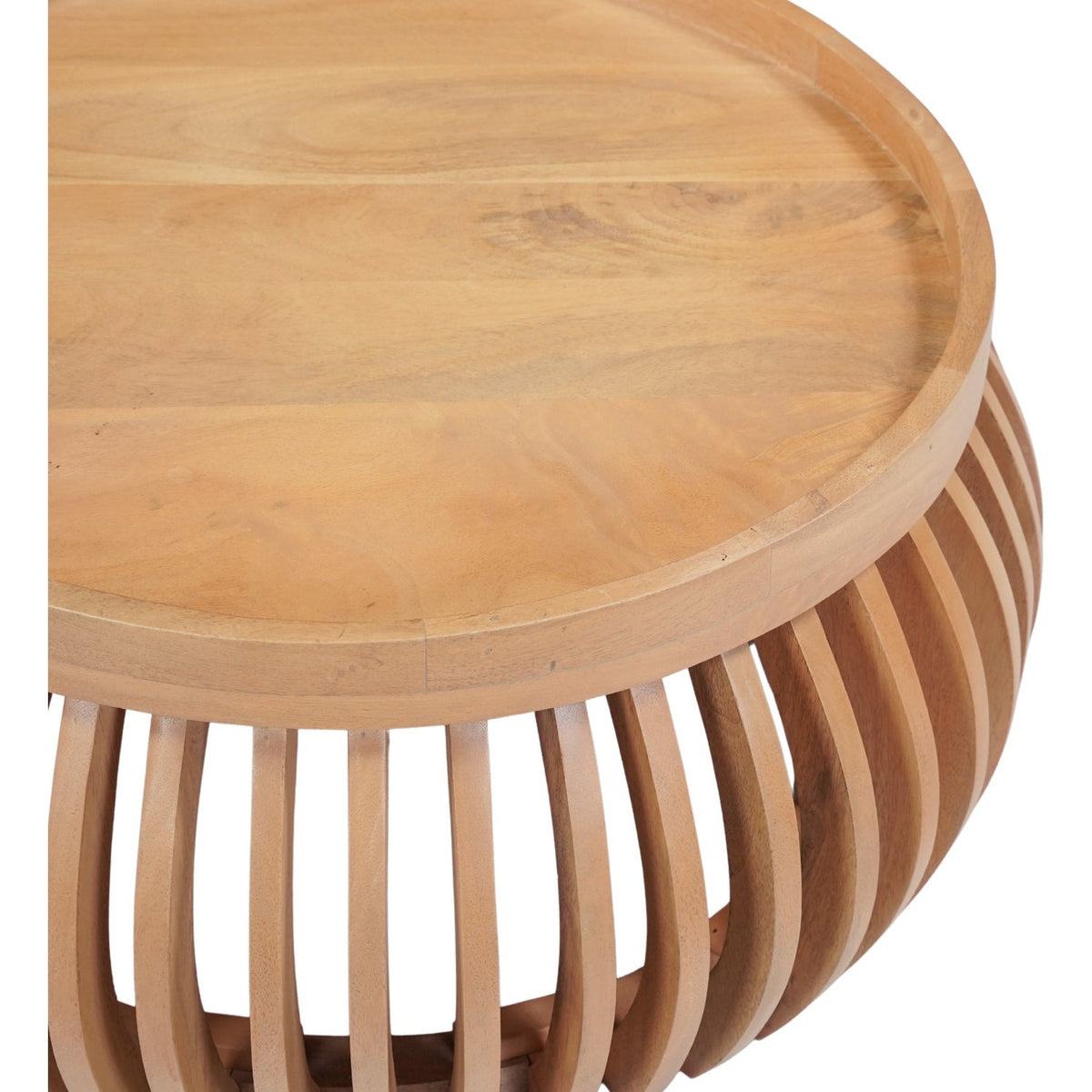 Flutera Natural Round Slatted Mango Wood Low Coffee Table
