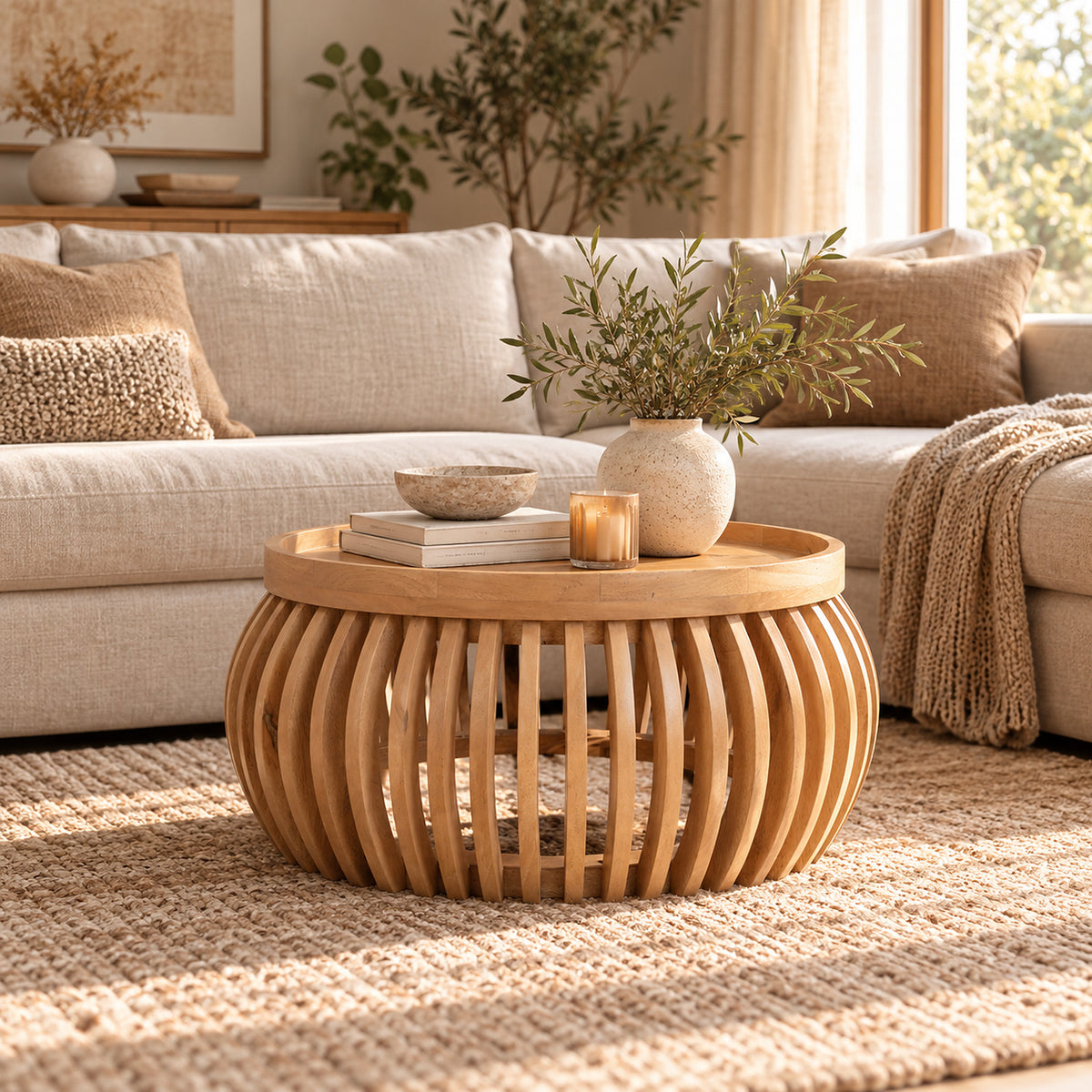 Flutera Natural Round Slatted Mango Wood Low Coffee Table
