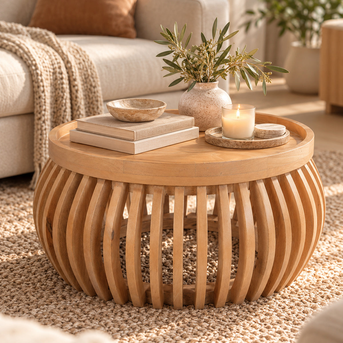 Flutera Natural Round Slatted Mango Wood Low Coffee Table