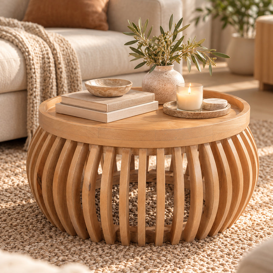 Flutera Natural Round Slatted Mango Wood Low Coffee Table