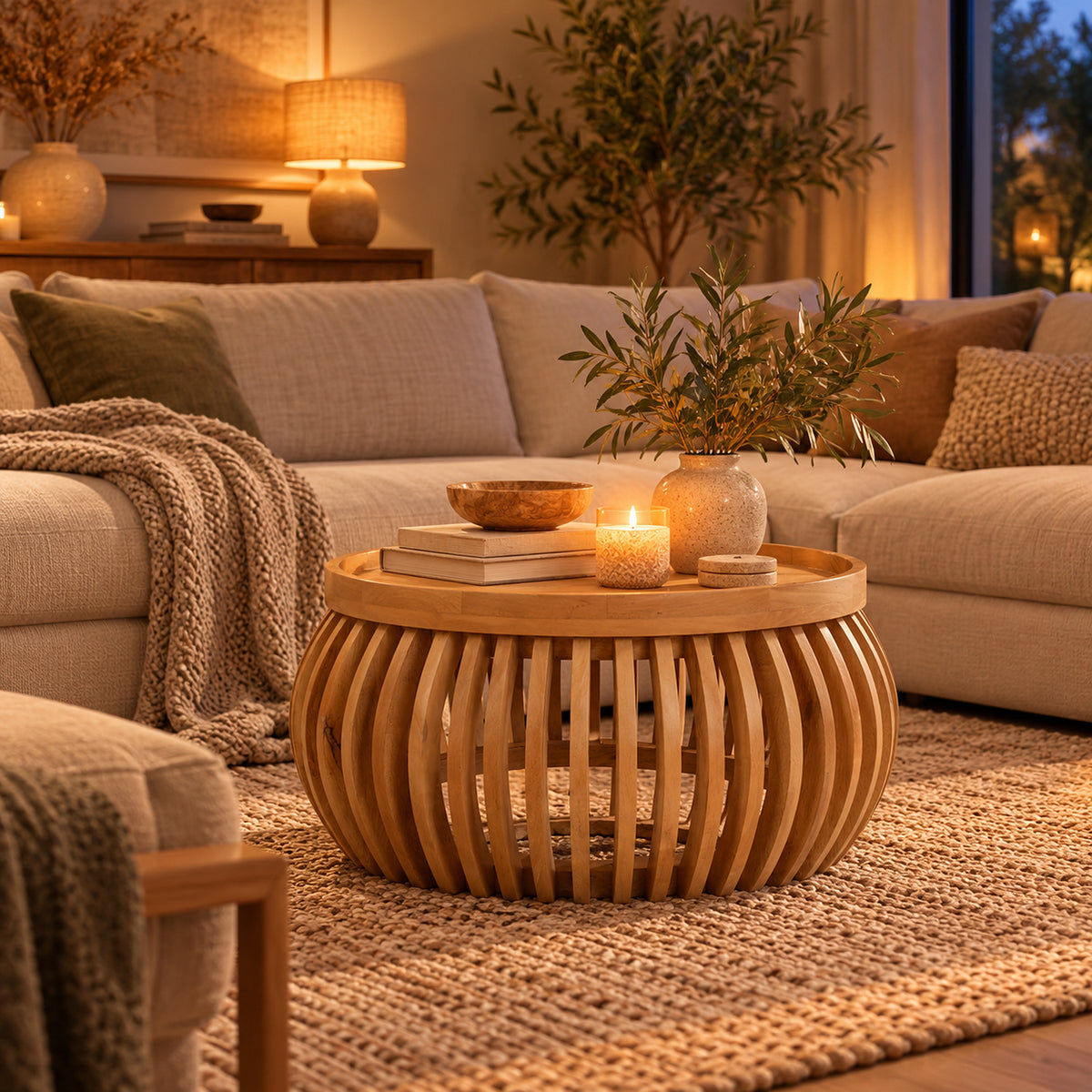 Flutera Natural Round Slatted Mango Wood Low Coffee Table - image 3