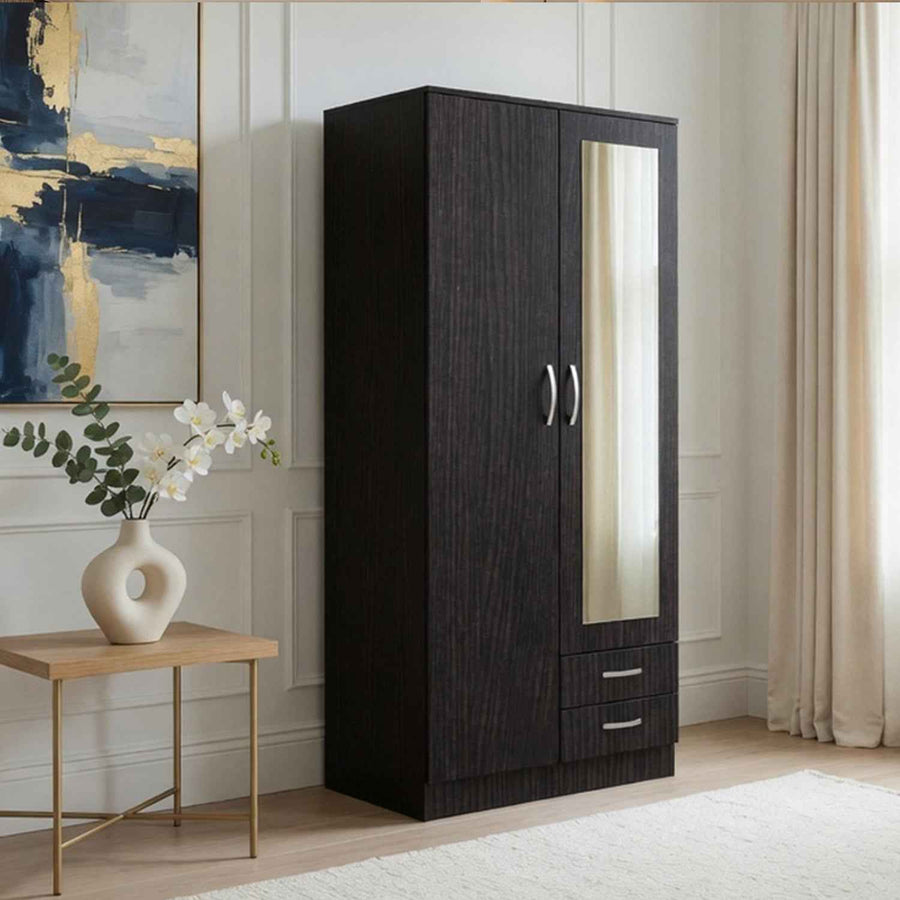 Rutland Black Oak 2 Door Wardrobe with Mirror and Drawers