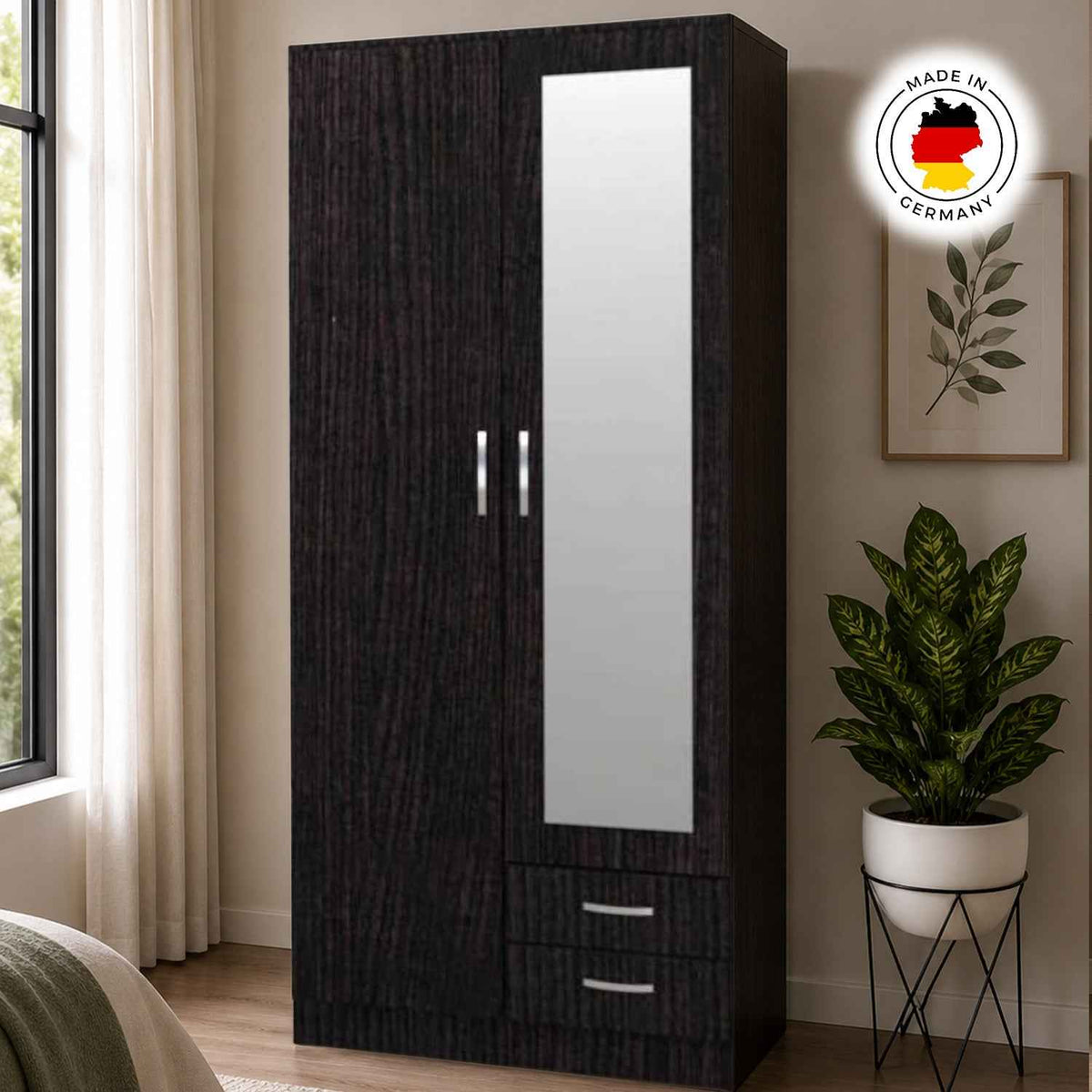 Rutland Black Oak 2 Door Wardrobe with Mirror and Drawers