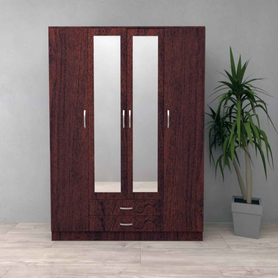 Rutland Dark Cherry 4 Door Wardrobe with Mirrors and 2 Drawers