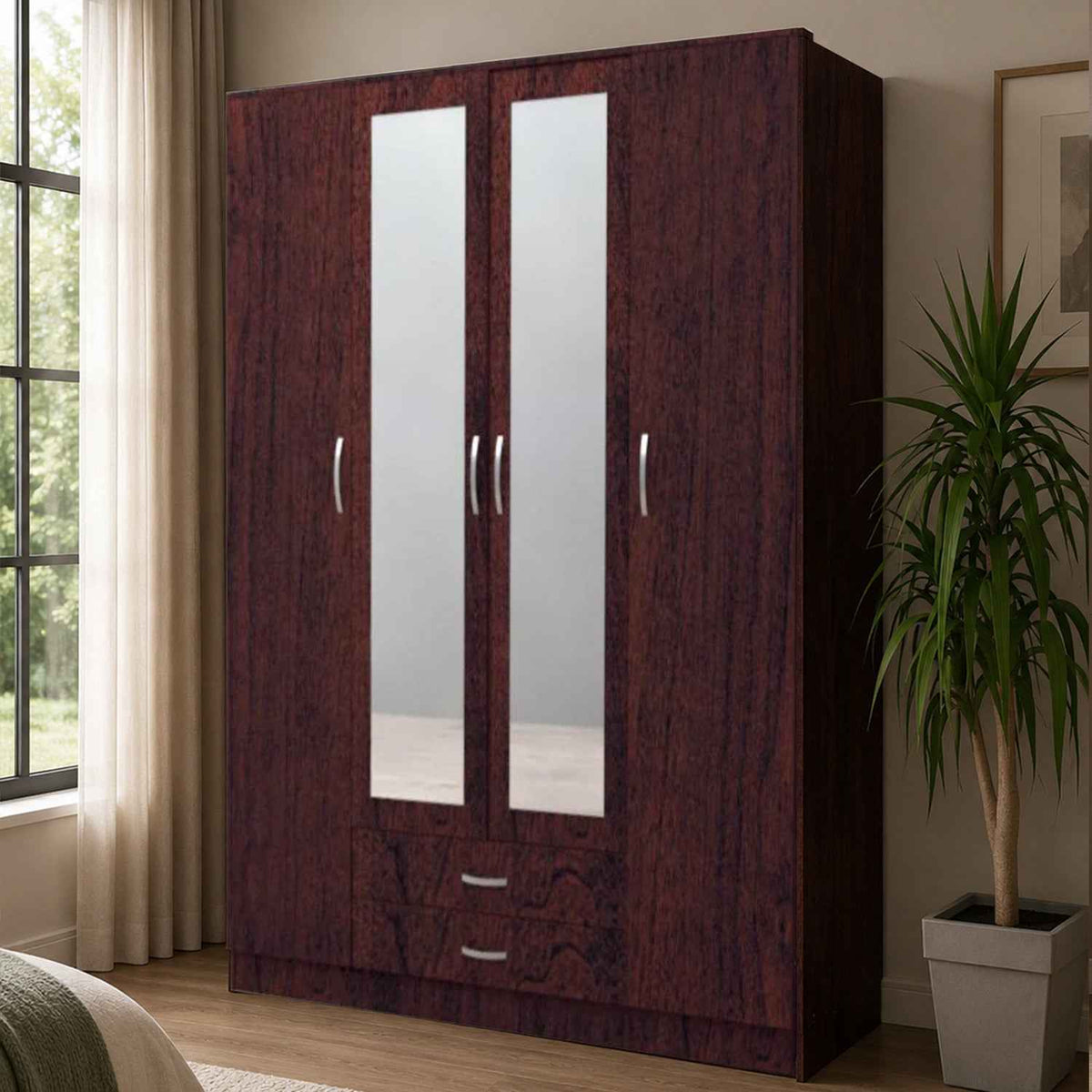 Rutland Dark Cherry 4 Door Wardrobe with Mirrors and 2 Drawers